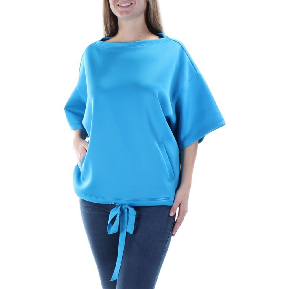 ANNE KLEIN Womens Blue Tie Short Sleeve Boat Neck Top Size: S - Picture 3 of 4